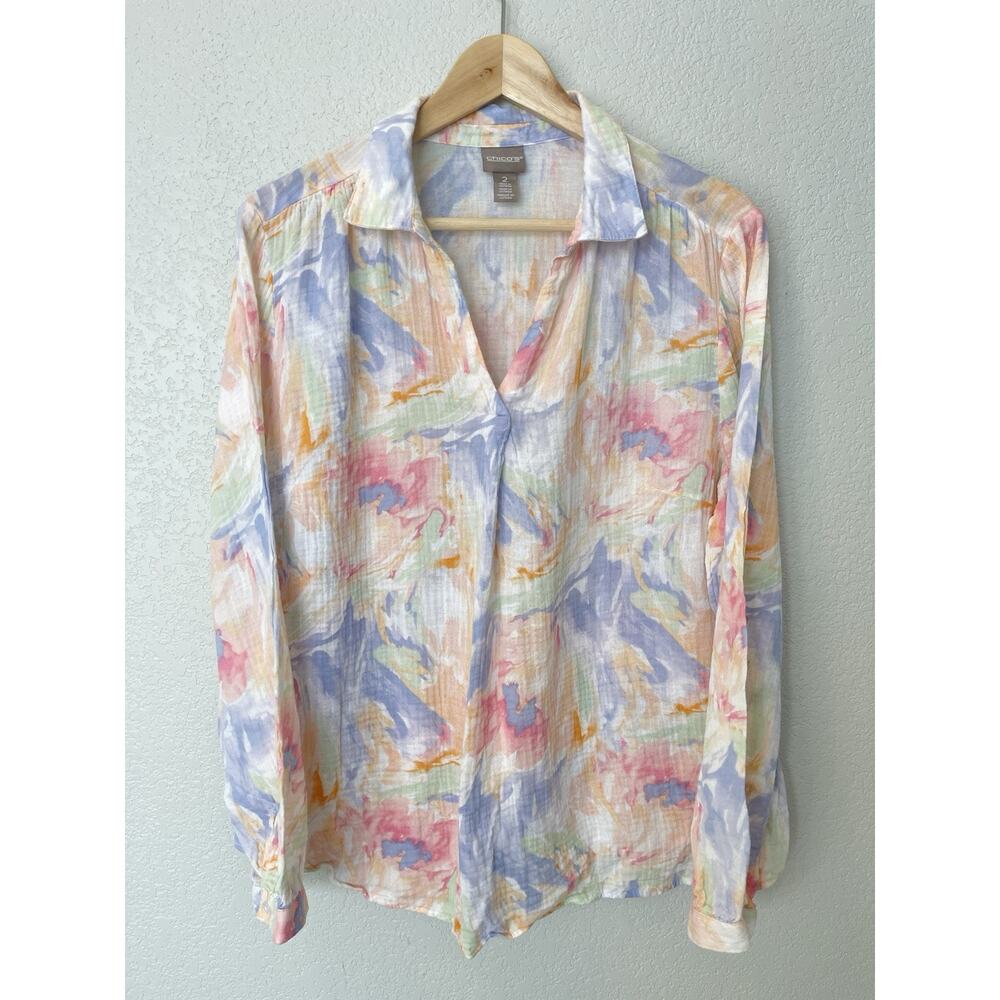 Chico's Women's Long Sleeve Pastel Watercolor Cotton Gauze Top Size 2/Large